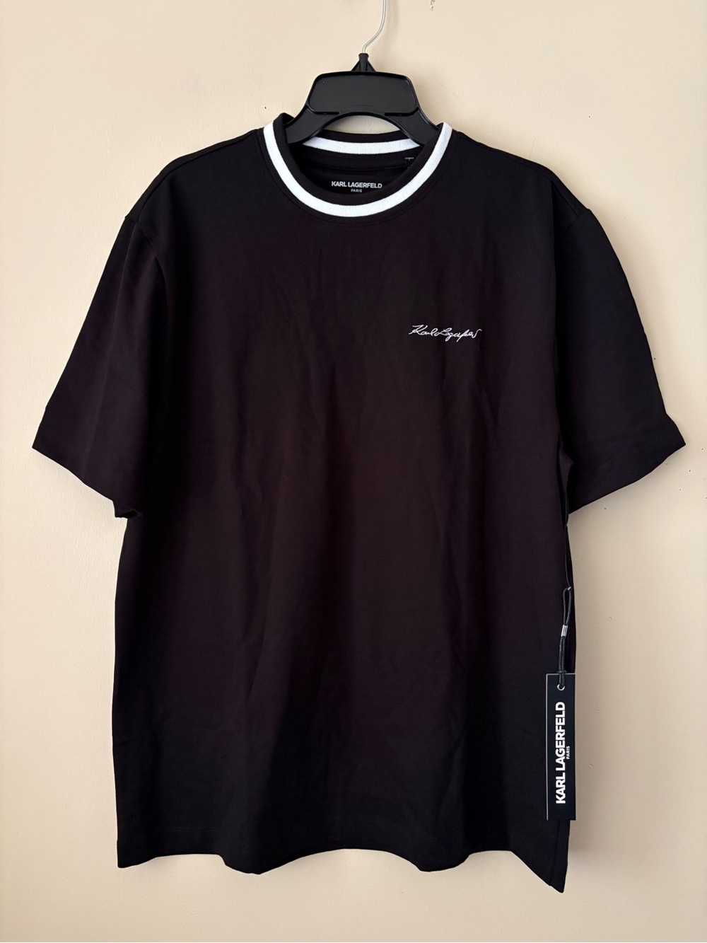 Karl Lagerfeld Men’s Black TShirt with Contrast Collar and Embroidered Logo M